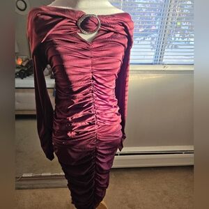 Fashion Nova Burgundy Ruched Long Sleeve Dress